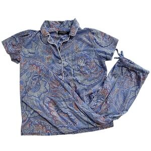 Lauren Ralph Lauren Women's small Blue Paisley Pajama Set Button Top Capri Pant